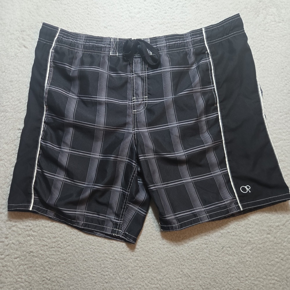 OP (Ocean Pacific) Men's Blac Plaid Board Shorts/Swim Trunks Size 44 Y2K